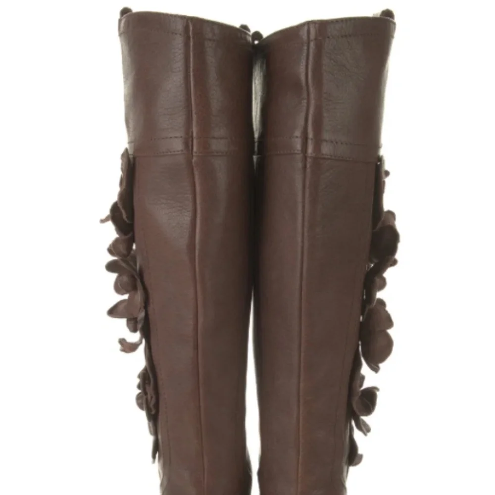 Valentino Garavani brown leather floral appliqué riding knee-high boots size 38.